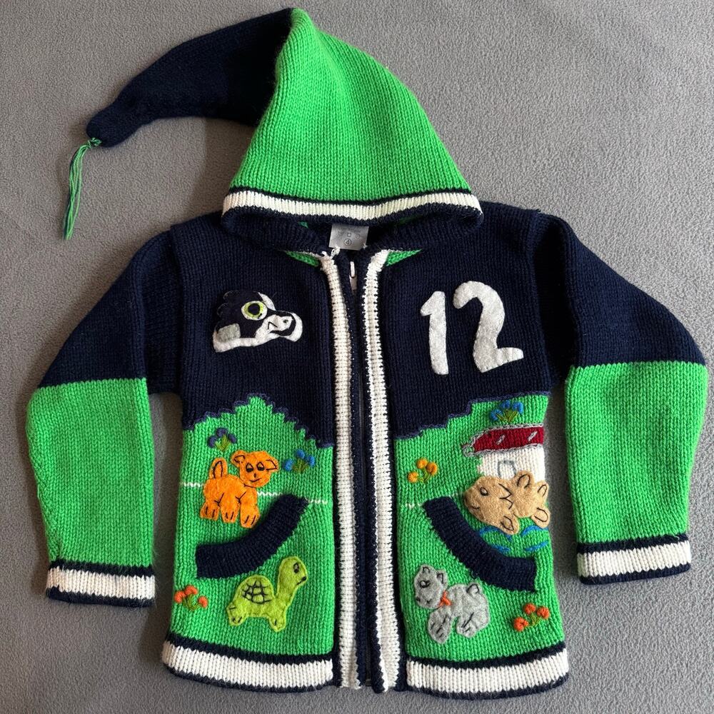 Handmade in Peru Alpaca Sweater Hoodie Kids 4 Seattle Seahawks‎ 12 Full Zip Blue